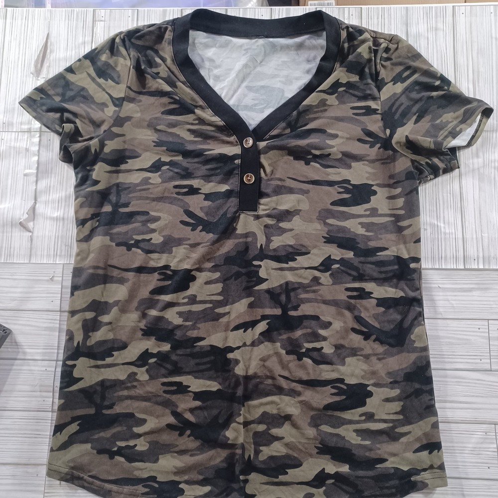 Unbranded Mens Camo Henley Short Sleeve V-Neck Button T-Shirt Green Brown XL